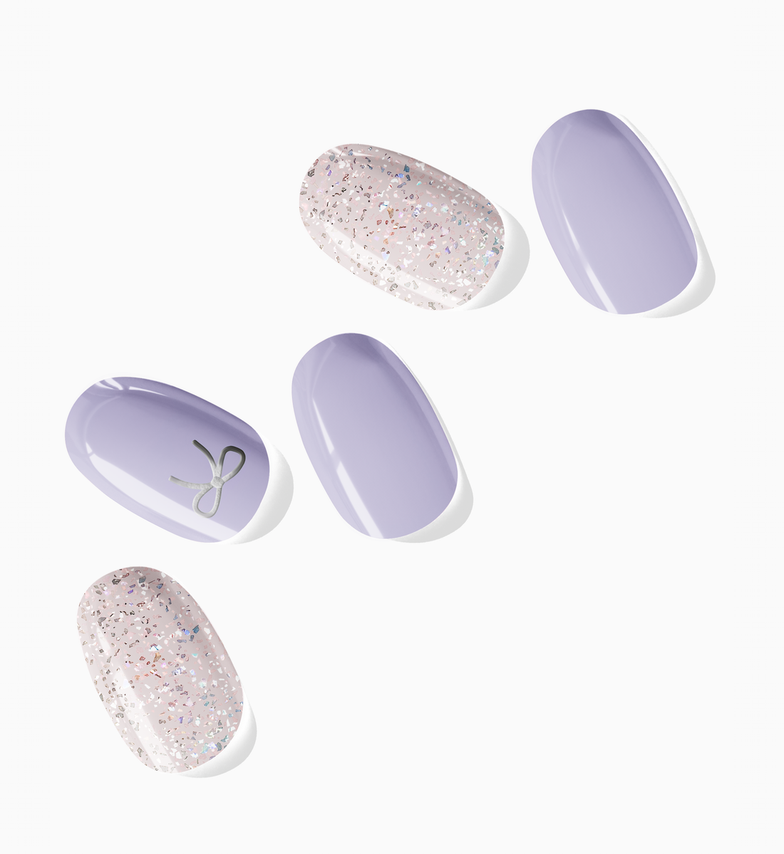 Semicured gel stickers in varying shades of lilac and purple with shimmery silver glitter and silver foil bow details.