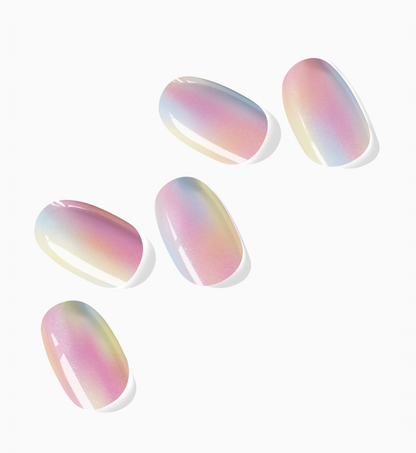 Semicured gel stickers with watercolor gradient design featuring shades of pink, blue, and yellow with a shimmer finish.