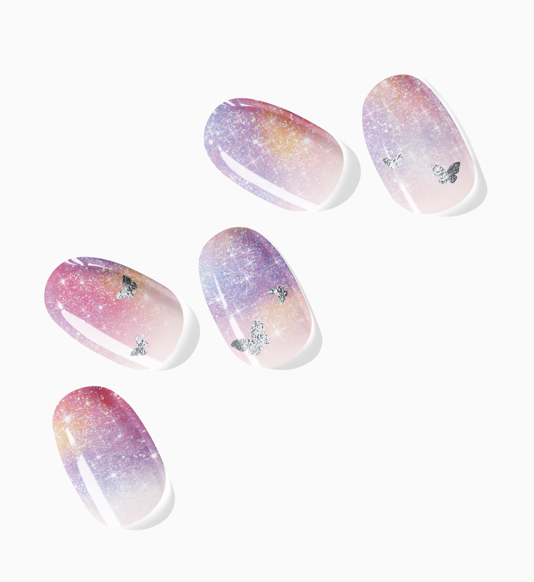 Semi-cured gel nail sticker tips with a gradient of lavender, blush pink, and golden peach, adorned with silver foil butterfly accents and ethereal sparkles.